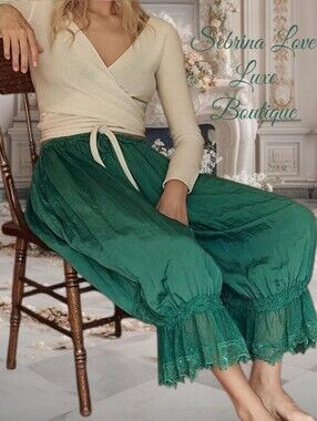 Romantic Victorian Inspired Green Lace-Hem Boho Bloomer Pantaloon Harem Pants